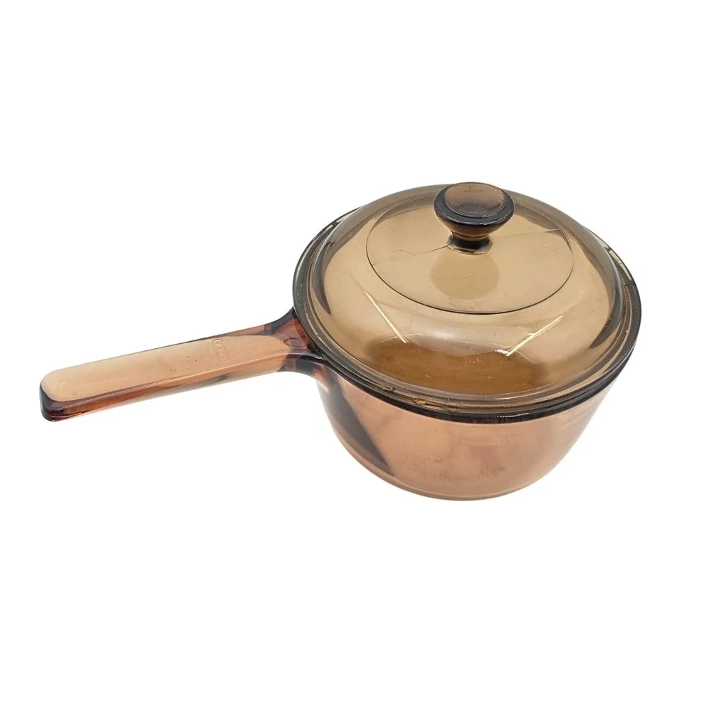 Visions Corning Amber Glass 1L Saucepan with Pyrex V-1-C Lid Made in USA N2